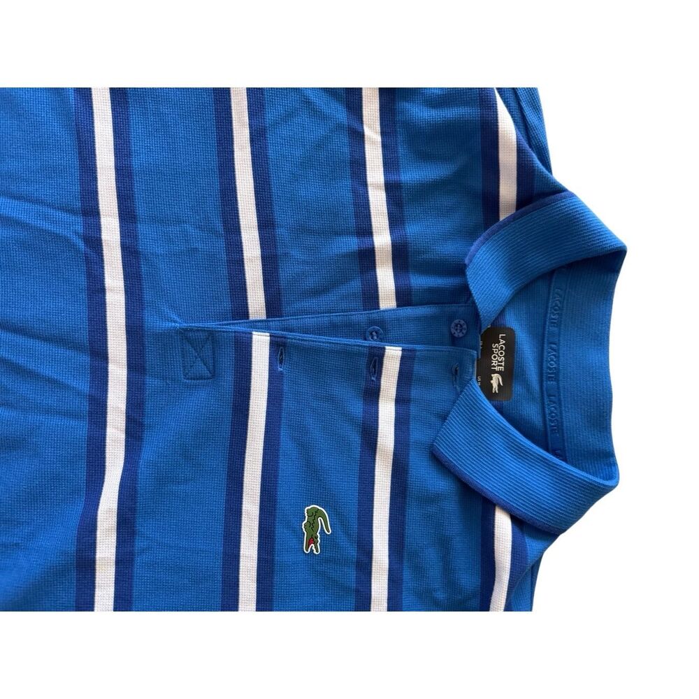 Lacoste Sport Mens Blue White Striped Short Sleeve Collared Polo Shirt Sz Medium - Picture 2 of 10